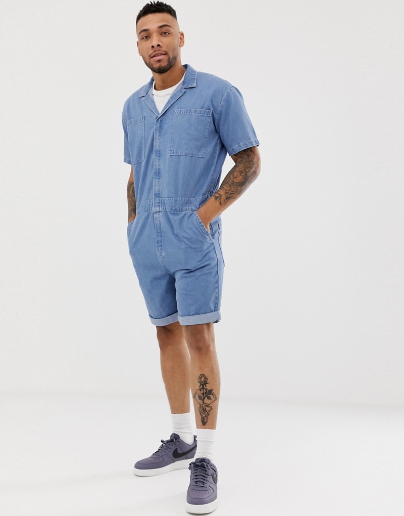 ASOS Design Denim Boilersuit in Mid Wash Blue $64