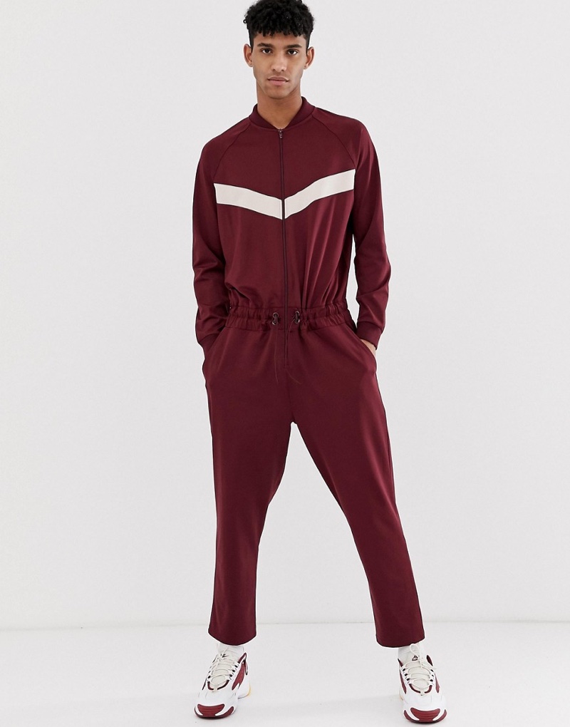 ASOS Design Jumpsuit with Chevron in Burgundy $67 » One Piece Wonders: 8 Mens Jumpsuit Styles ASOS Design Jumpsuit with Chevron in Burgundy $67