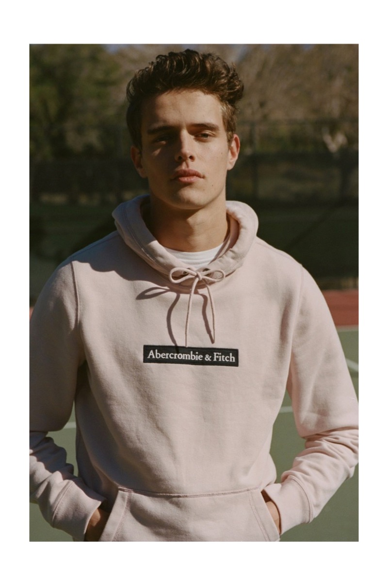 Jordy Baan sports an Abercrombie & Fitch hoodie for the brand's spring 2019 digital campaign.