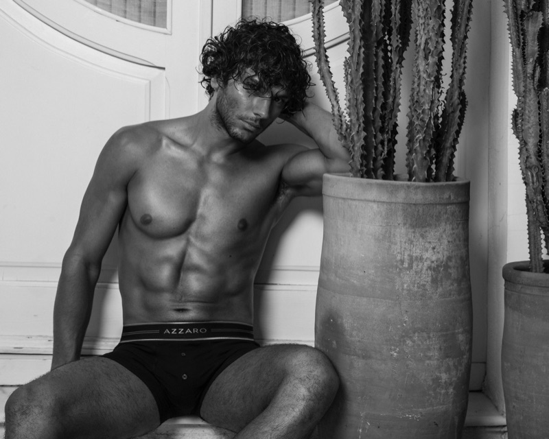 Matteo Cupelli dons black underwear for Azzaro Paris' spring-summer 2019 campaign.