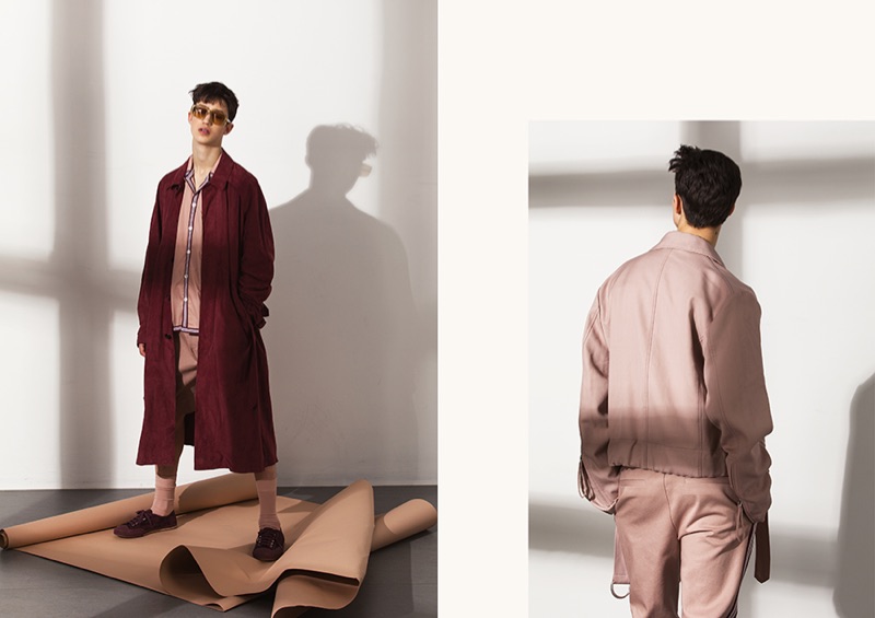 Donning rose-colored fashions, Fausto sports looks from BOSS' spring-summer 2019 collection.