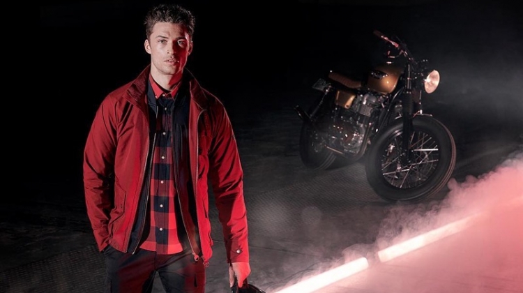 Harvey Haydon sports a red jacket from Barbour International's spring-summer 2019 collection.