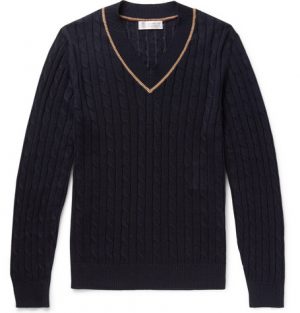 Brunello Cucinelli - Cable-Knit Linen and Cotton-Blend Sweater - Men - Midnight blue Brunello Cucinelli - Cable-Knit Linen and Cotton-Blend Sweater - Men - Midnight blue