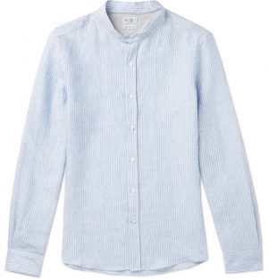 Brunello Cucinelli - Slim-Fit Grandad-Collar Pinstriped Linen Shirt - Men - Blue Brunello Cucinelli - Slim-Fit Grandad-Collar Pinstriped Linen Shirt - Men - Blue