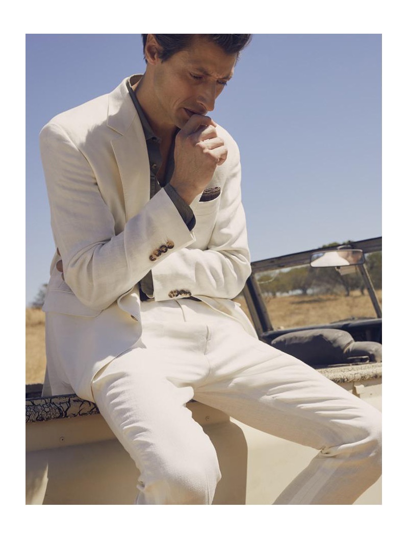 A sleek vision, Jonas Mason models a Chevron linen Panama suit from Brunello Cucinelli.