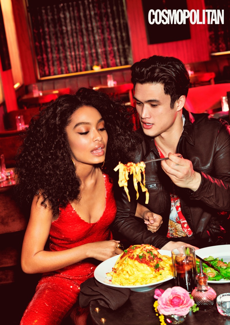 Enjoying dinner with Yara Shahidi, Charles Melton wears AllSaints.