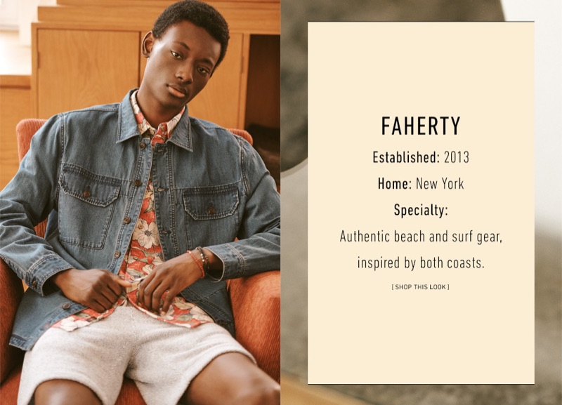 Youssouf Bamba sports a denim jacket, floral print shirt, and sweat shorts by Faherty. He also dons Mikia bracelets.