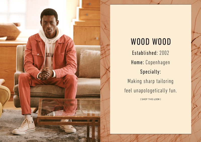 Wood Wood: Youssouf Bamba models a Wood Wood hoodie, denim jacket, colored jeans, and print tee. He also rocks Converse Chuck Taylor All Star '70s high-top sneakers.