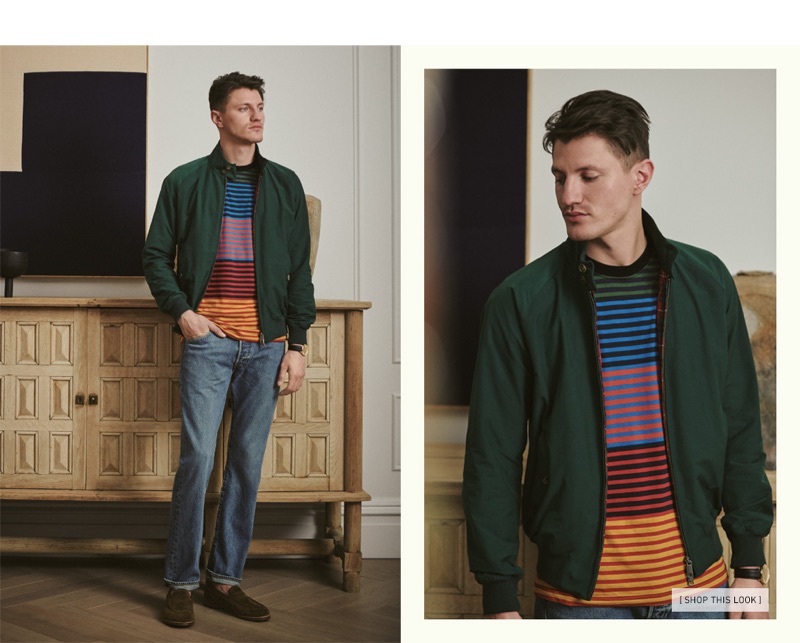 Light-Wash Jeans: Eli Hall wears a Baracuta G9 jacket with a PS Paul Smith striped tee, Citizens of Humanity Rowan relaxed jeans, Nixon The Porter watch, and Grenson Maxwell loafers.