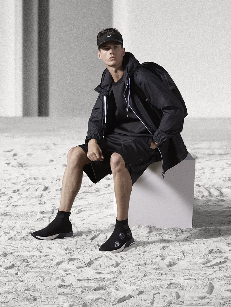 Nate Hill wears a casual spring-summer 2019 look from Emporio Armani.