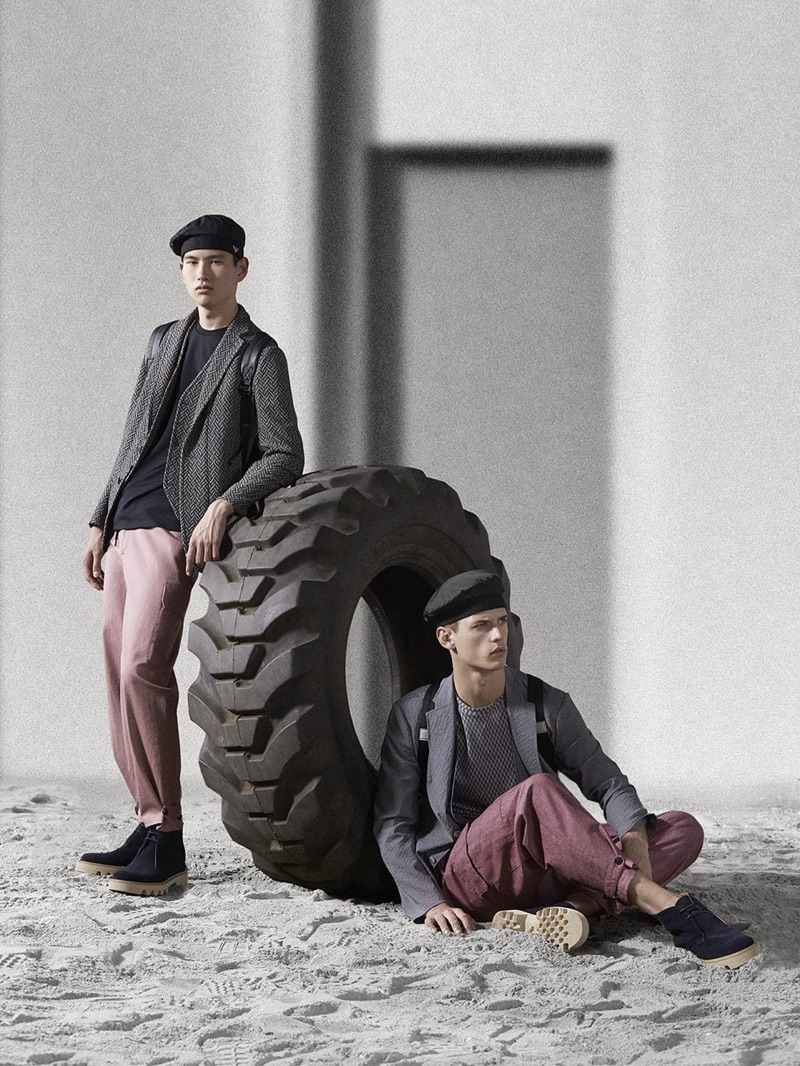 Opting for chic separates, Kohei Takabatake and Nate Hill wear Emporio Armani.