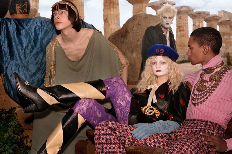 William Valente, Unia Pakhomova, and Matthew Petersen appear in Gucci's pre-fall 2019 campaign.