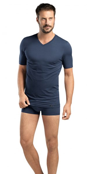 HANRO Liam Short Sleeve V-neck Shirt - Midnight Navy S - 74070 HANRO (74070) Liam Short Sleeve V-neck Shirt - Midnight Navy S