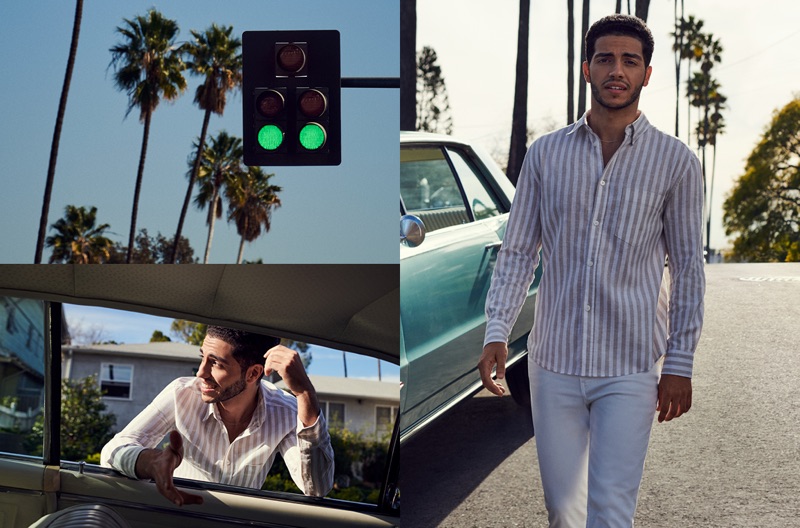 Actor Mena Massoud dons a striped linen-blend shirt from H&M.