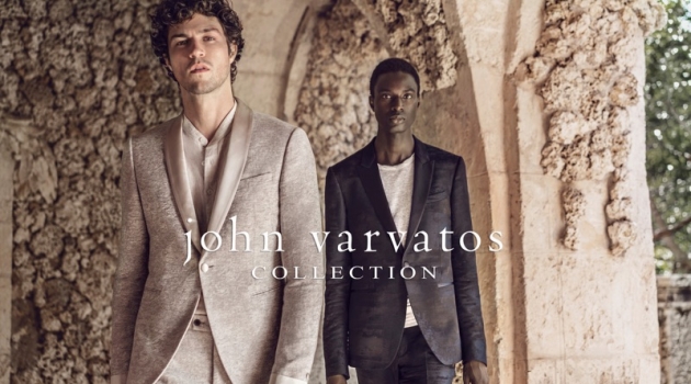 Miles McMillan & Aly Ndiaye Sport Spring '19 Fashions by John Varvatos Models Miles McMillan and Aly Ndiaye don tailoring from John Varvatos.