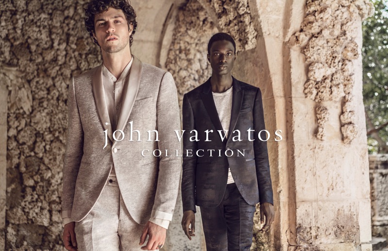 Models Miles McMillan and Aly Ndiaye don tailoring from John Varvatos.