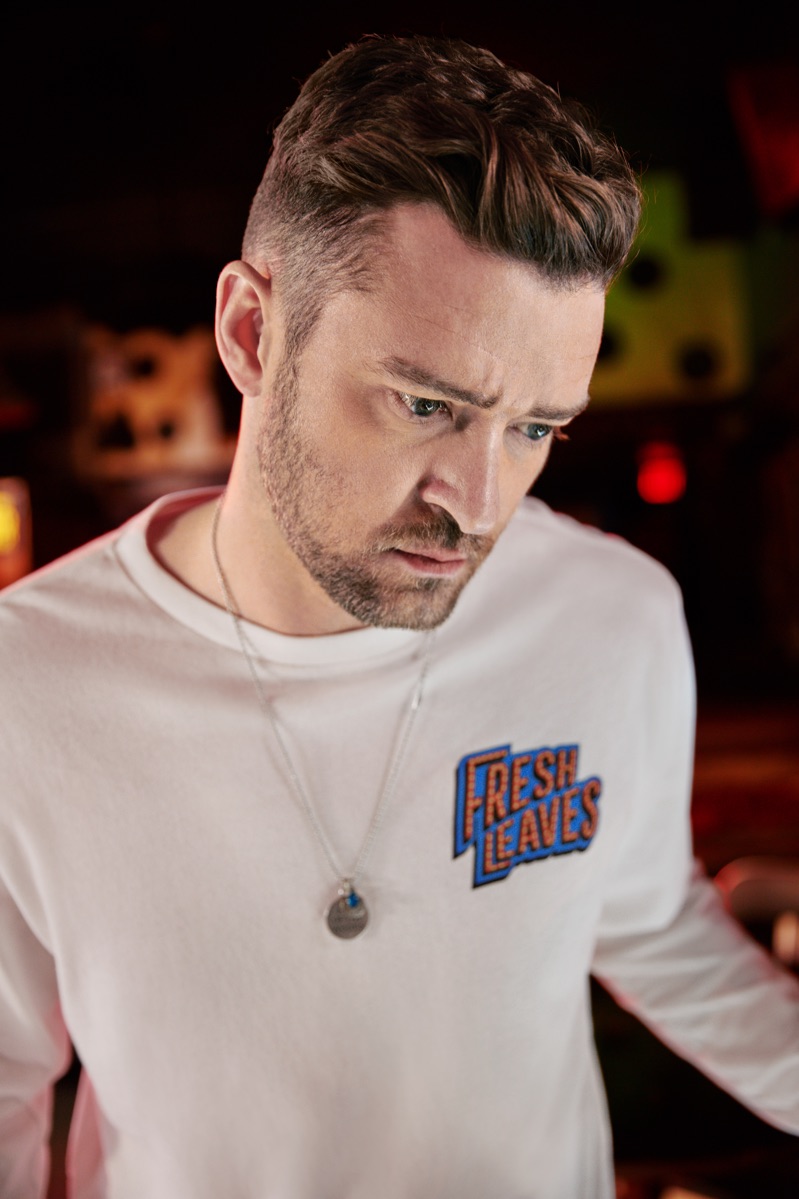 Front and center, Justin Timberlake wears a Levi's Fresh Leaves long-sleeve graphic tee.