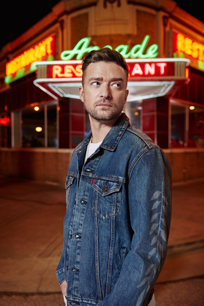 Collaborating with Levi's, Justin Timberlake wears a Fresh Leaves trucker jacket.