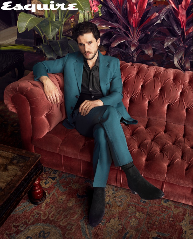 A sleek vision, Kit Harington dons a suit and shirt by Givenchy with Barbanera boots. » Kit Harington Covers Esquire, Reflects on Meeting Emilia Clarke A sleek vision, Kit Harington dons a suit and shirt by Givenchy with Barbanera boots.