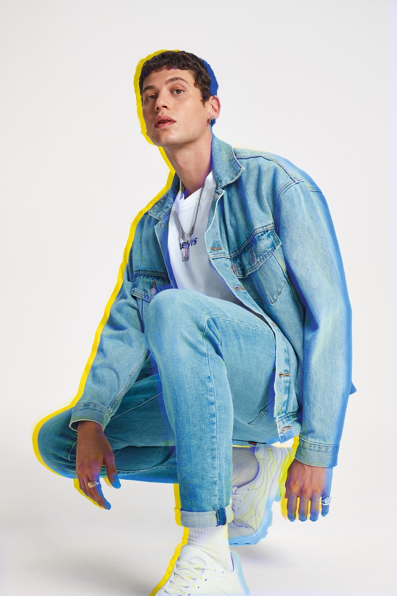 Doubling down on denim, Francesco Cuizza wears Levi's advanced stretch 512 slim taper Jafar jeans for the brand's spring-summer 2019 campaign.