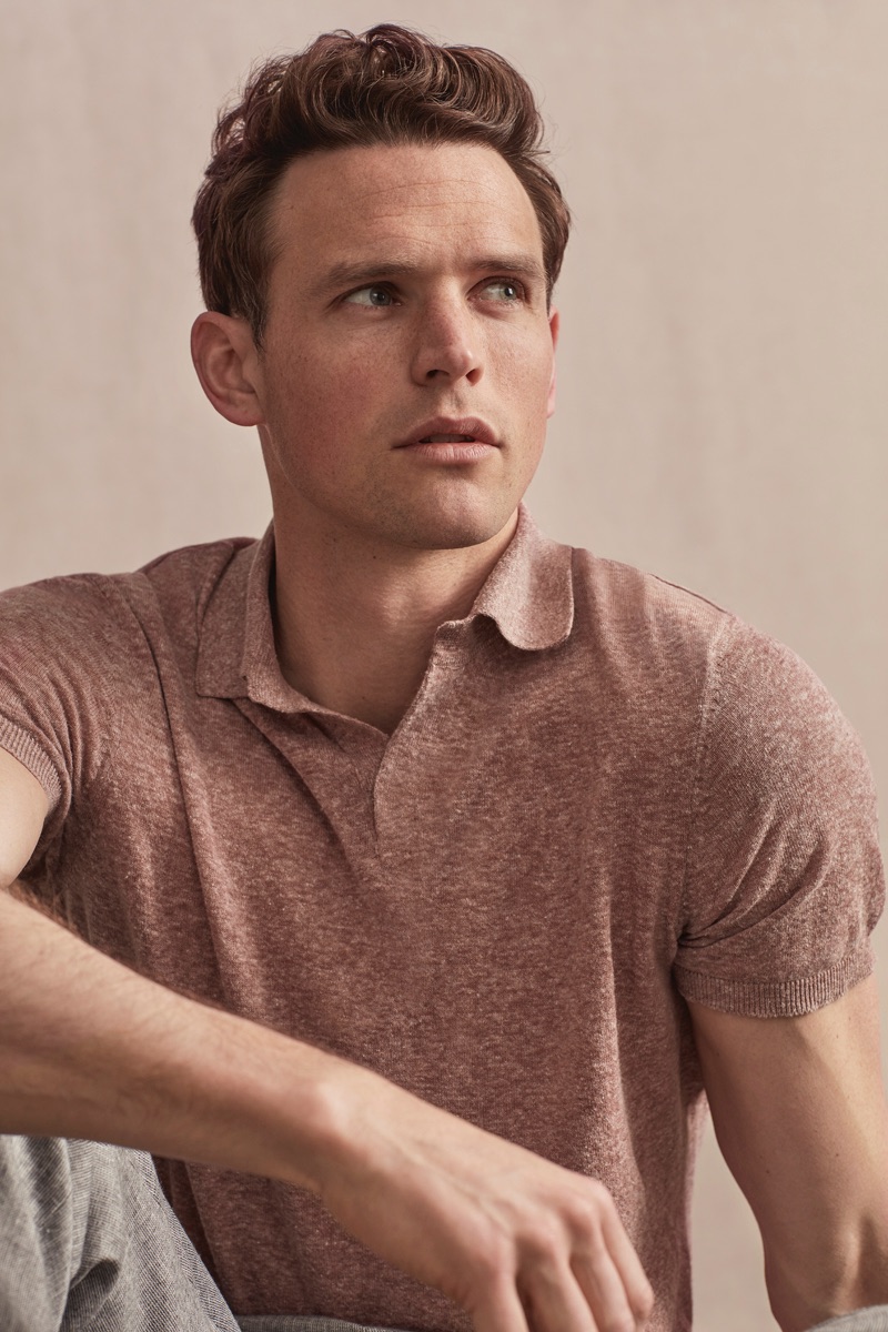 Donning an elegant polo, Guy Robinson connects with Lufian for spring-summer 2019.