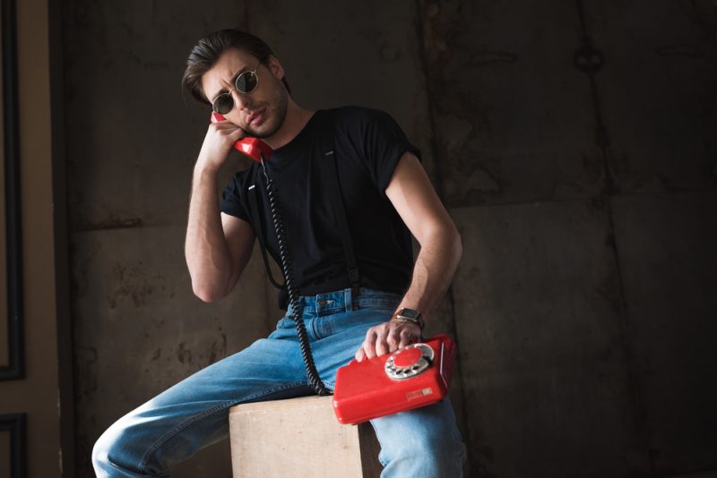 Male Model Throwback Style Jeans T-Shirt Suspenders