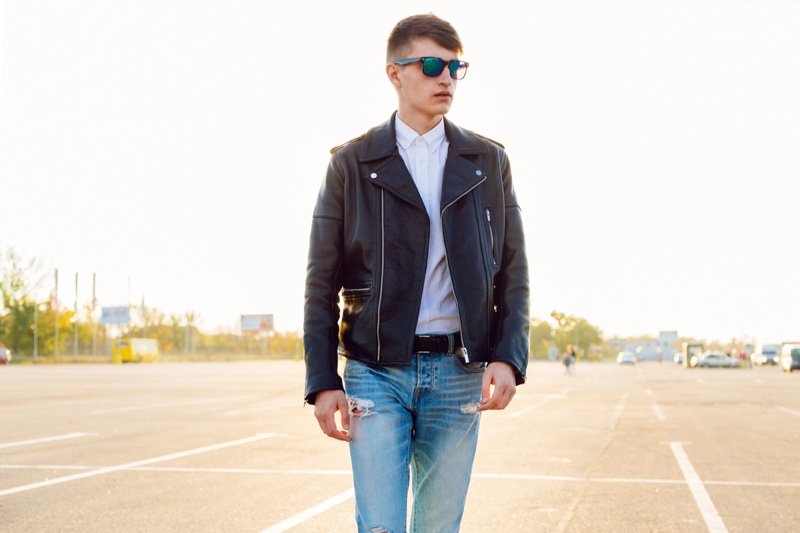 Man in Leather Jacket and Jeans with Sunglasses