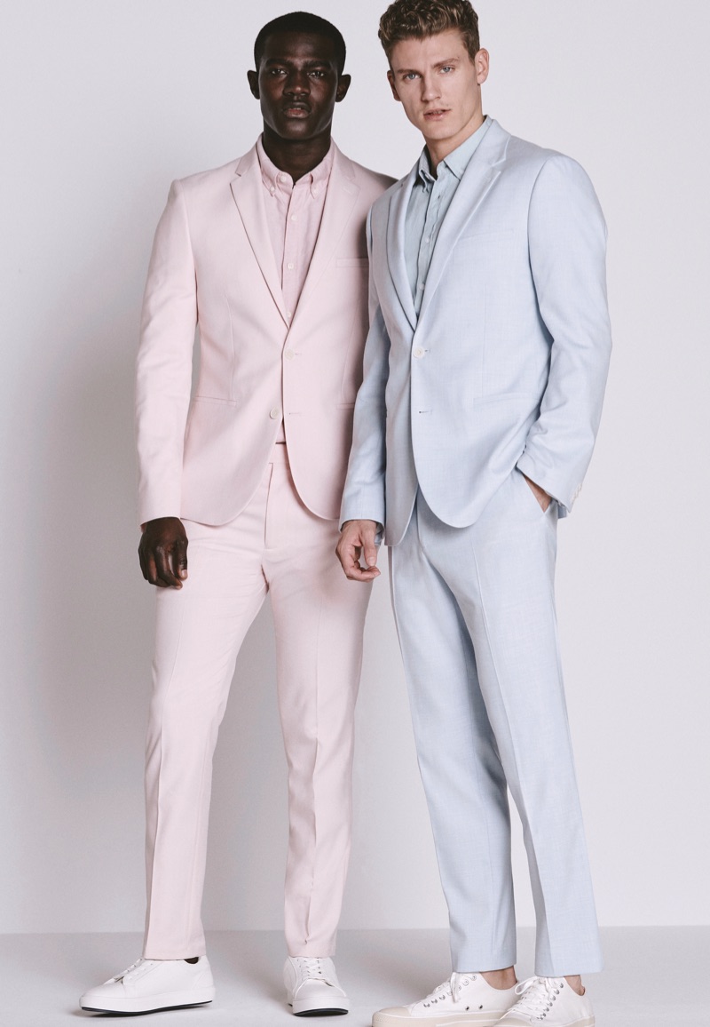 Models Kesse Donkor and Mikkel Jensen sport pastel suits for Marks & Spencer's spring-summer 2019 campaign.