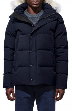 Men's Canada Goose Wyndham Slim Fit Genuine Coyote Fur Trim Down Jacket, Size Small - Blue Men's Canada Goose Wyndham Slim Fit Genuine Coyote Fur Trim Down Jacket, Size Small - Blue