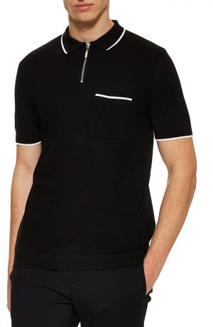 Men's Topman Front Zip Polo Shirt, Size X-Small - Black Men's Topman Front Zip Polo Shirt, Size X-Small - Black