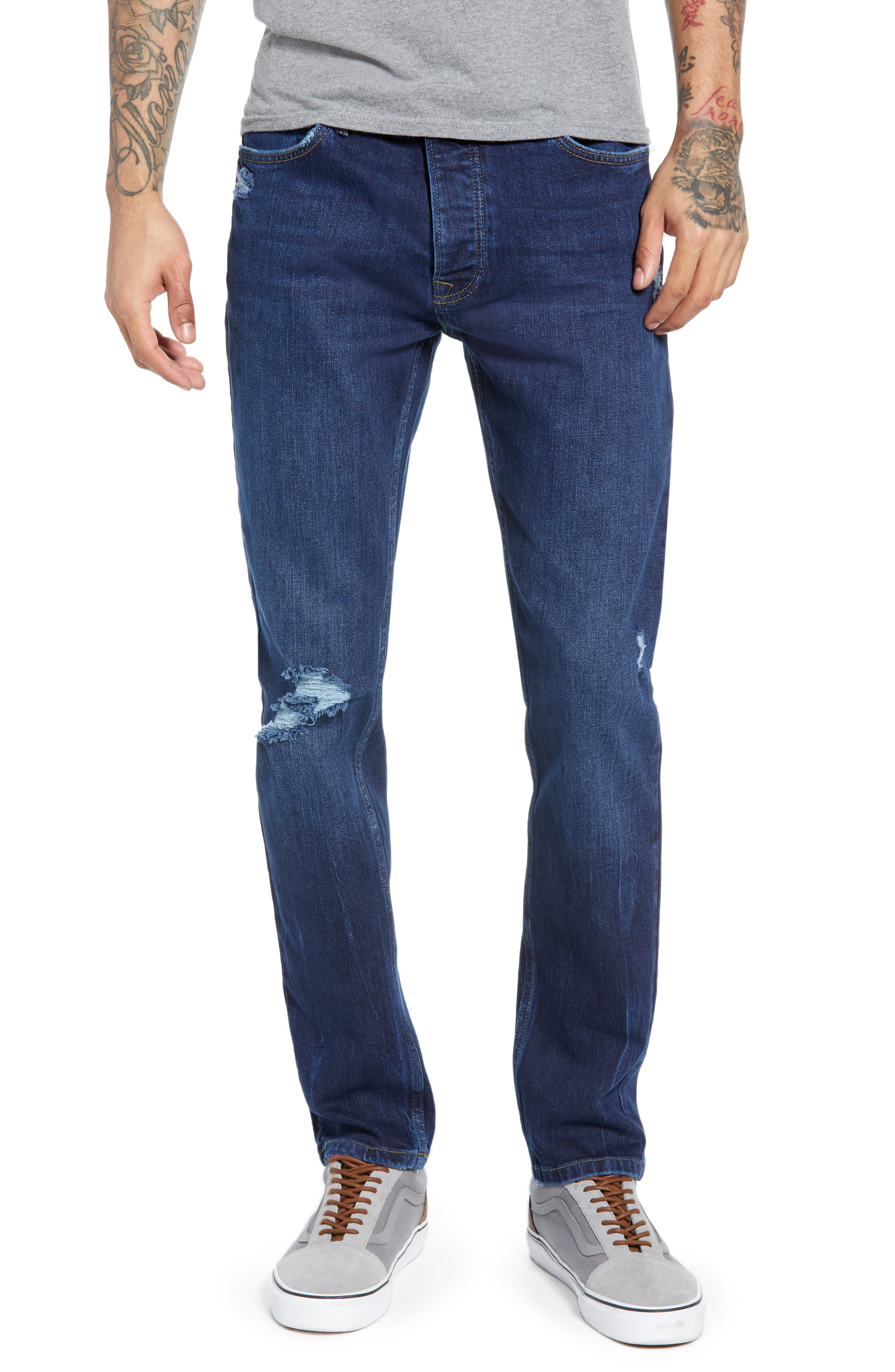 athletic fit distressed jeans