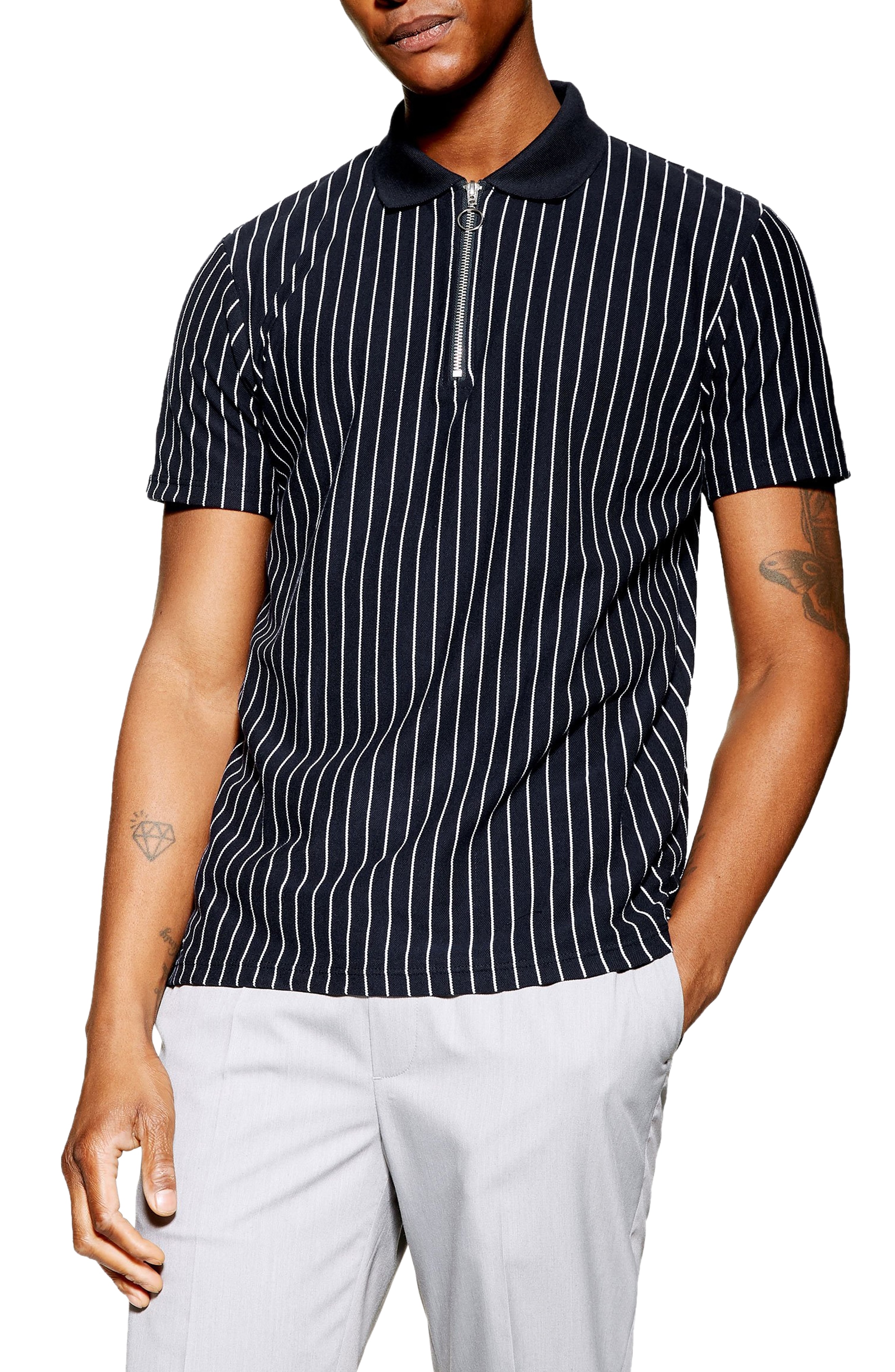 Men’s Topman Stripe Zip Polo, Size XX-Large – Blue | The Fashionisto
