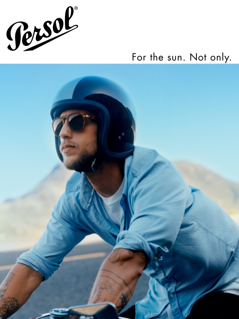 Riding a motorcycle, Dennis Klaffert fronts Persol's spring-summer 2019 campaign. 