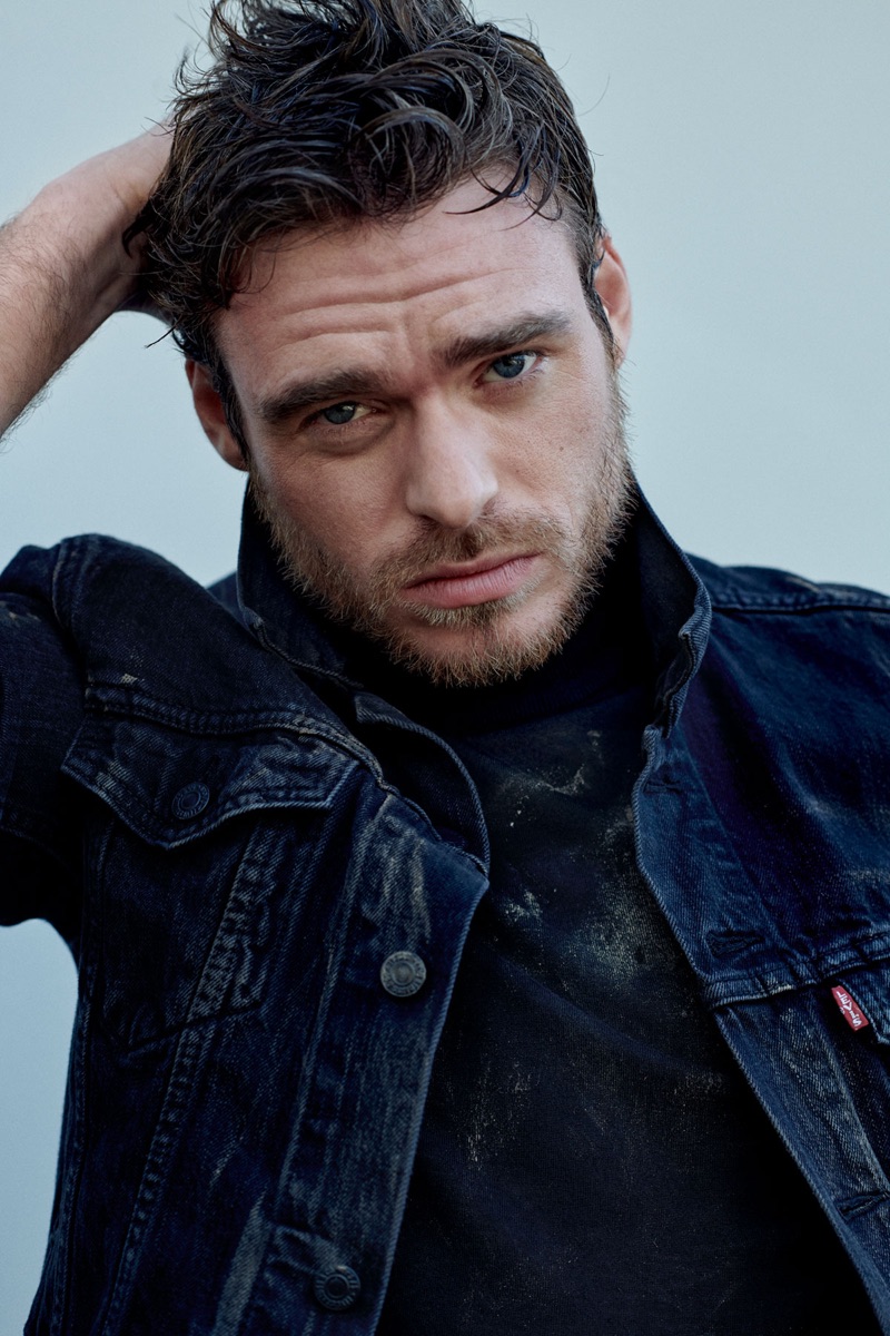 Ready for his close-up, Richard Madden dons a Levi's denim jacket and Prada turtleneck.