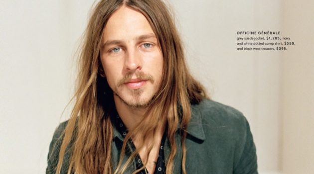 Riley Hawk wears a suede jacket, camp shirt, and wool trousers by Officine Generale.