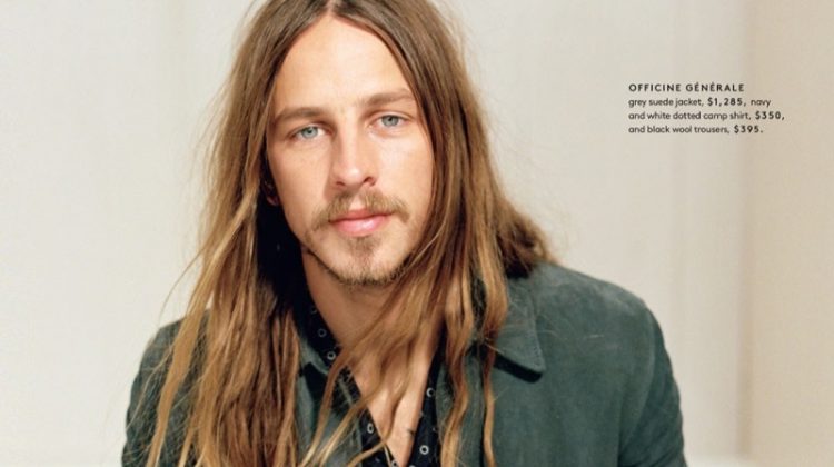 Riley Hawk wears a suede jacket, camp shirt, and wool trousers by Officine Generale.