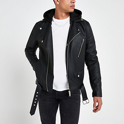 River Island Mens Black hooded faux leather biker jacket | The Fashionisto
