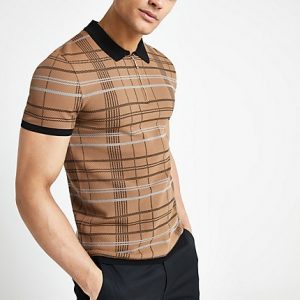 River Island Mens Brown check muscle fit zip neck polo shirt River Island Mens Brown check muscle fit zip neck polo shirt