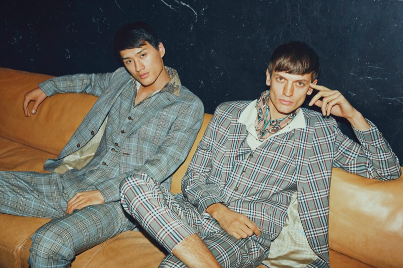 Donning three-piece check suits, Chen Cong and Eddie Klint front SAND Copenhagen's spring-summer 2019 campaign.