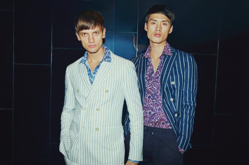 Dressed in pinstriped suits, Eddie Klint and Chen Cong front SAND Copenhagen's spring-summer 2019 campaign.