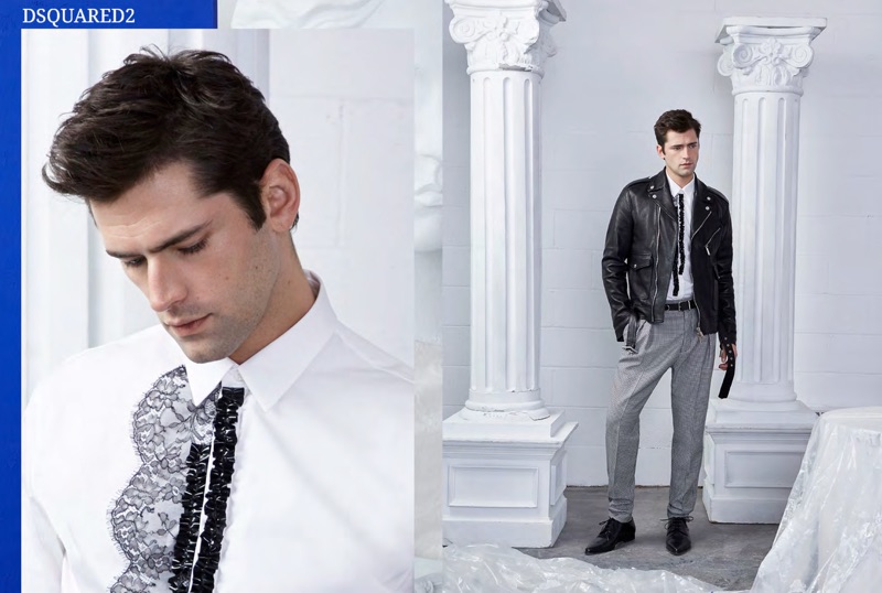 A modern vision, Sean O'Pry wears a leather biker jacket and tailoring from Dsquared2.