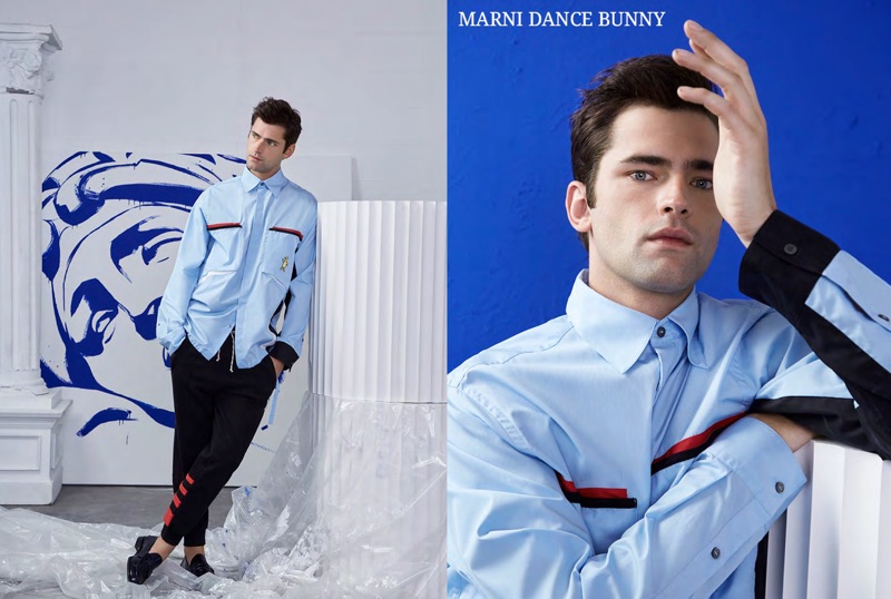 Sean O'Pry dons a look from Marni's Dance Bunny capsule for spring-summer 2019.