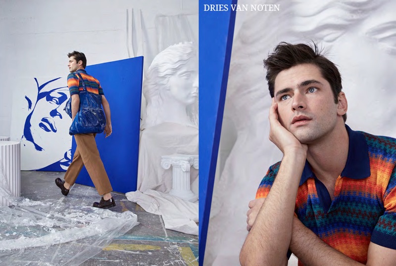 Daydreaming, Sean O'Pry models a colorful look from Belgian designer Dries Van Noten.