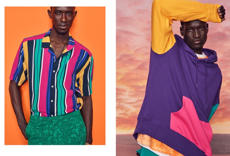 Left: Armando Cabral wears a LE 31 printed camp shirt and Drykorn trousers. Right: Monywiir Deng Dharjang dons a DJAB color block hoodie and tie-dye t-shirt with joggers.