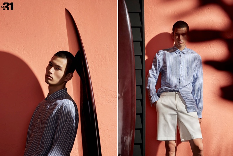 A chic vision, Kohei Takabatake dons a LE 31 striped linen shirt with Bermudas.