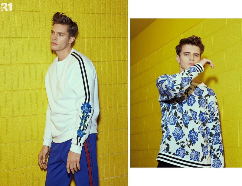 Left: Simon Malenfant sports a LE 31 sweatshirt and joggers. Right: Jordy Baan dons a LE 31 floral jacquard sweater and joggers.