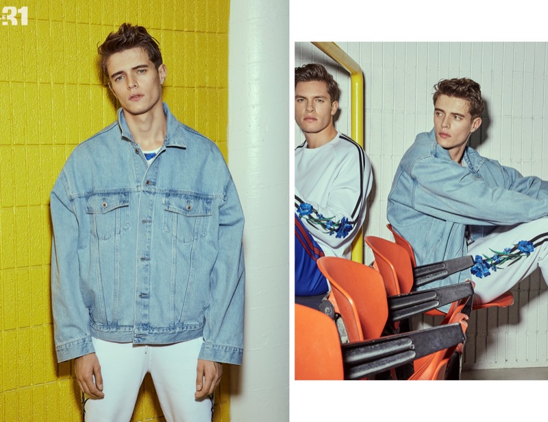 Left: Jordy Baan rocks a Levi's oversized denim jacket and LE 31 sweatpants. Right: Simon Malenfant joins Jordy in a look by LE 31.