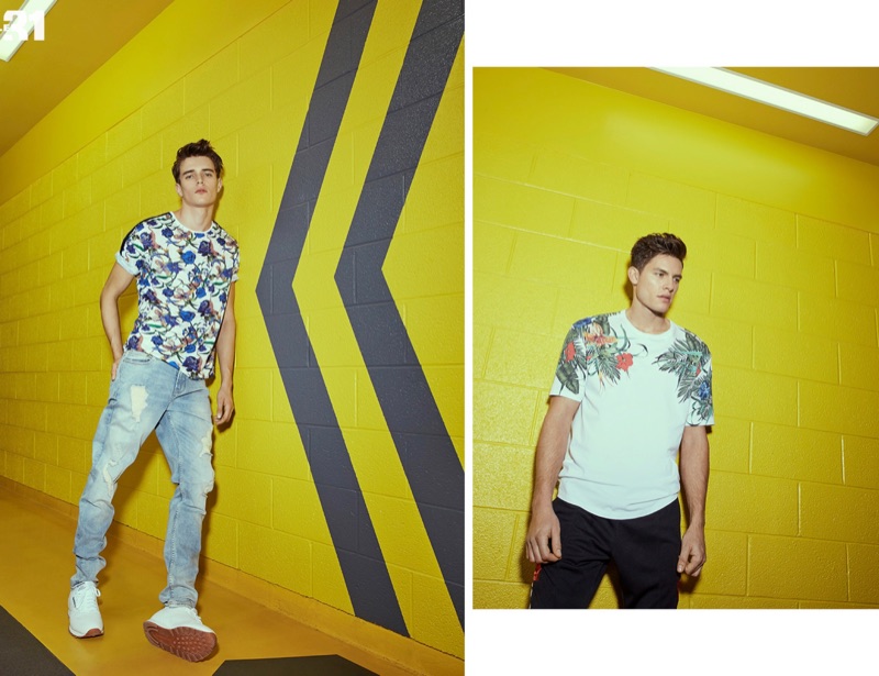 Left: Going casual, Jordy Baan wears a LE 31 floral print t-shirt and Calvin Klein Jeans denim. Right: Simon Malenfant sports a tropical print t-shirt with joggers by LE 31.