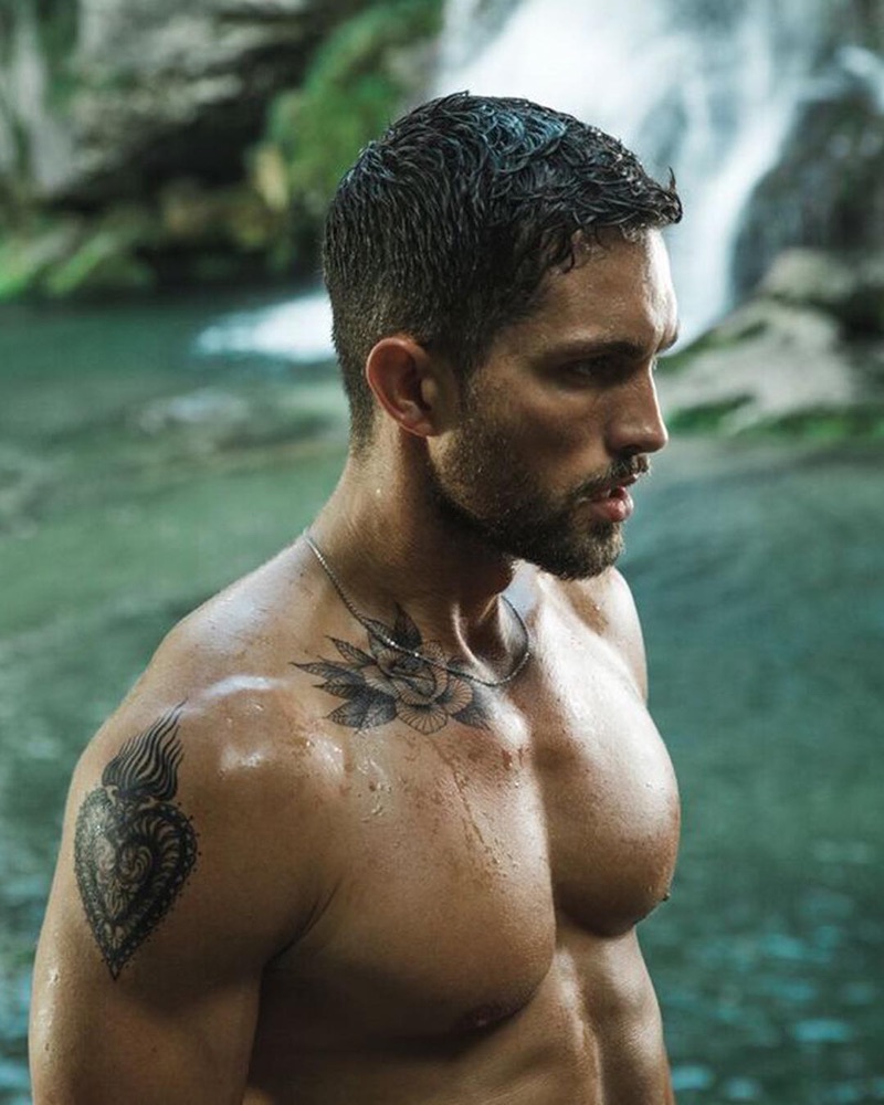 Going shirtless, Tobias Sorensen fronts the Davidoff Run Wild fragrance campaign.