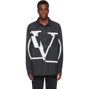 Valentino Black Denim Deconstructed VLogo Shirt Valentino Black Denim Go Logo Shirt